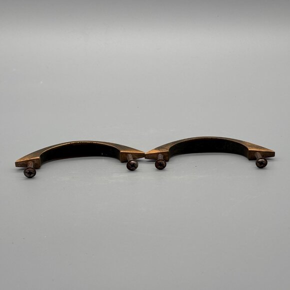 Vintage Mid-Century Brass Drawer Pulls With Geometric Etched Pattern Set Of Two - Picture 3 of 4